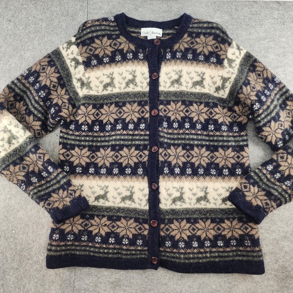 croft & barrow Sweaters - Croft & Barrow Blue Wool Fair Isle Reindeer Snowflake Cardigan Sweater Womens L
